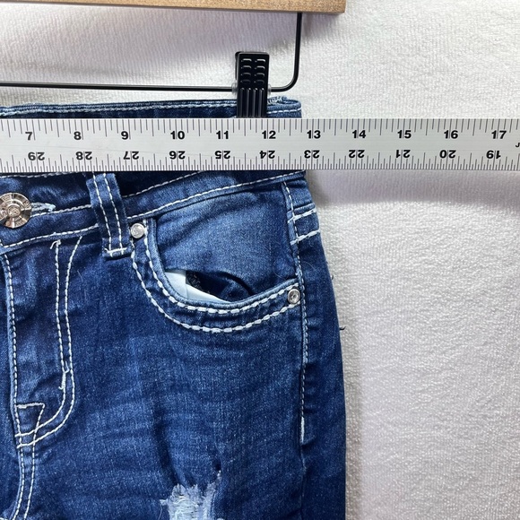 Y Jeans Distressed Bootcut Jeans Womens 3/4 Pants Blue Denim Stretch Pocket 2134 - Picture 4 of 10